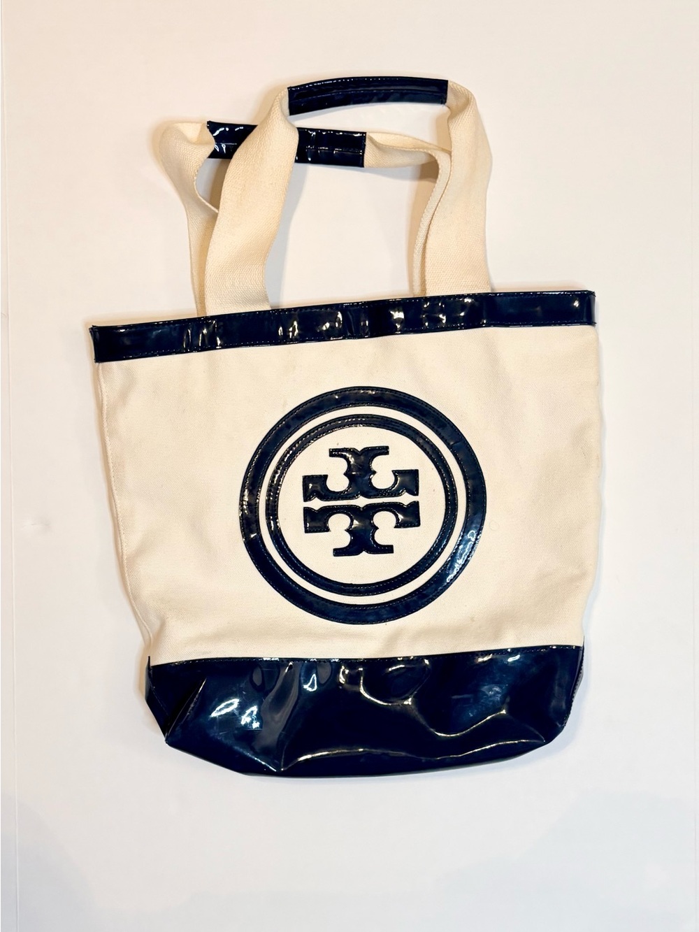Tory Burch Ella Canvas Tote Cream & Navy Patent Trim Logo Bag